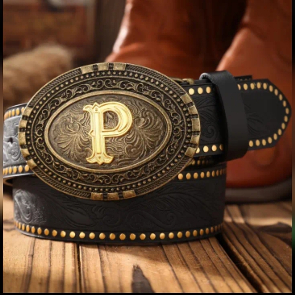 Western Tooled Belt w/ Gold Monogram Buckle | Cowboy Several Letters Available - Picture 15 of 16